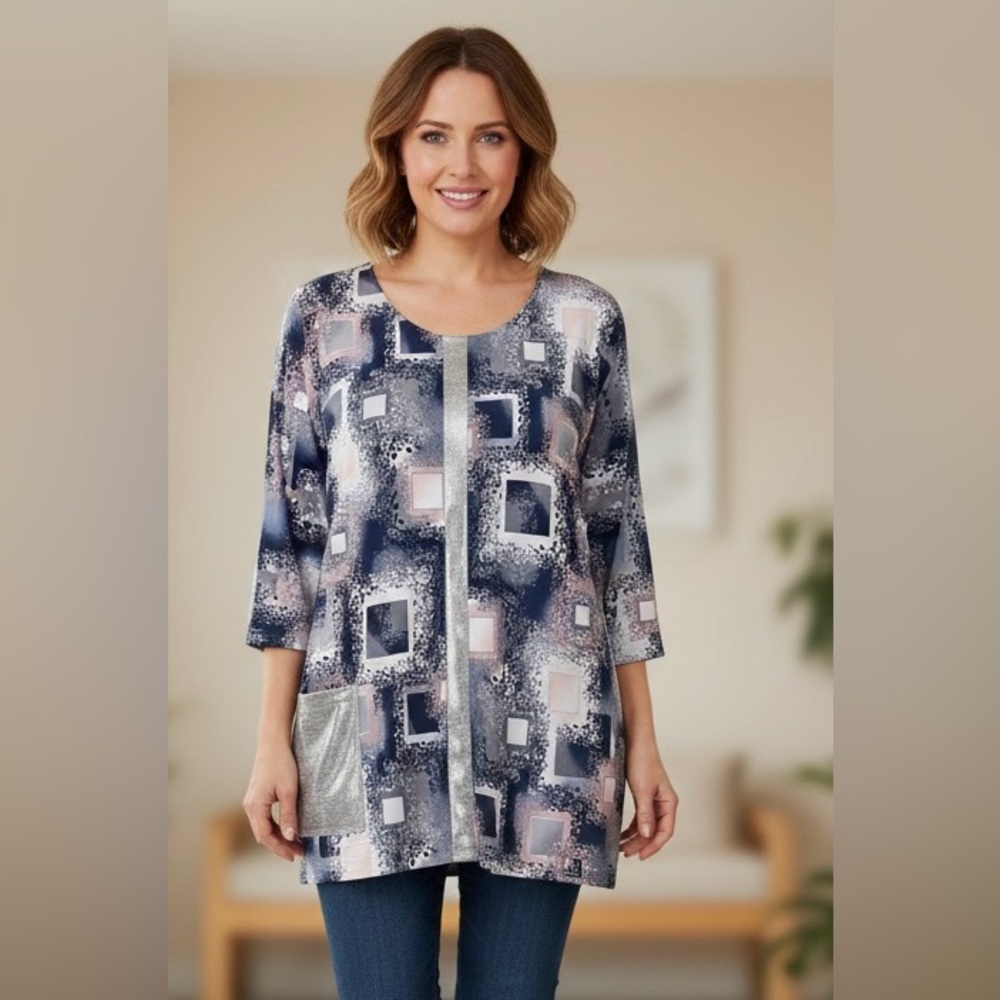 Beautiful Blouse blue/pink/silver trim, short sleeve,  2X
